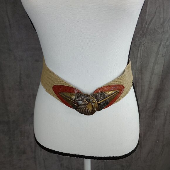 Vintage Omega Arrowhead Stretch Belt  Beige Art Ornate Metal Leather Buckle LG - Picture 1 of 5